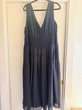 Vince Smocked V-Neck Tiered Midi Dress Black 2X
